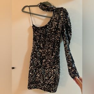 Silver sequin one shoulder mini dress